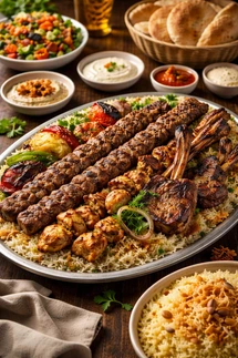أطباق المشاوي المشكلة في مطعم خيال مع عرض تقديم عائلي وطريقة الشواء على الفحم