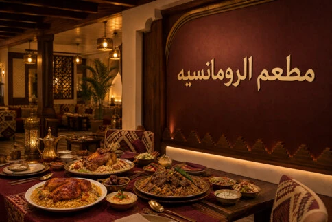 ديكور داخلي بجلسات عائلية وأطباق سعودية تقليدية في مطعم الرومانسيه.