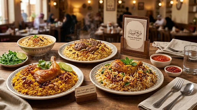 صورة توضيحية لأطباق الدجاج والأرز الكويتية المذكورة ضمن منيو فريج صويلح الرياض.