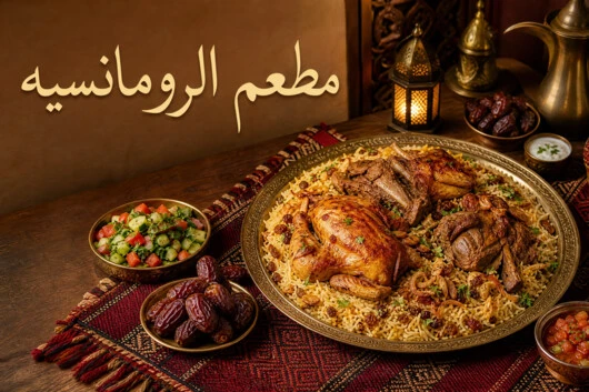 وجبة مندي سعودية متنوعة مع الأرز واللحم والدجاج وعبارة مطعم الرومانسيه.