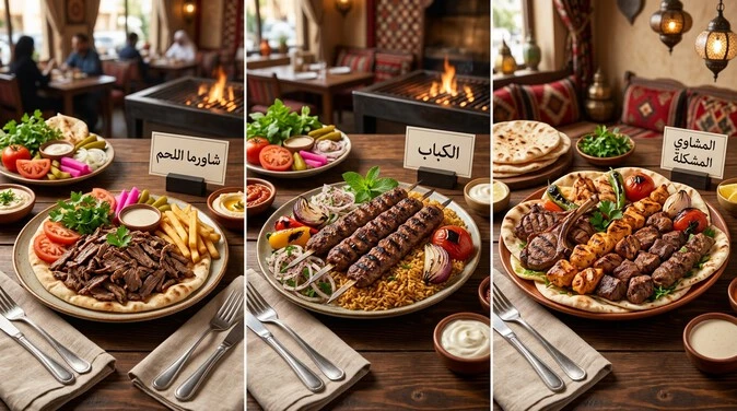 شاورما اللحم والكباب والمشاوي المشكلة من أبرز الأطباق التي تحظى باهتمام عملاء مطعم الجمل.