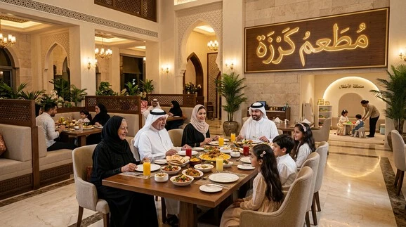 صورة توضح أجواء جلسات مطعم كرزة العائلية وتصميم المكان المناسب للعائلات والمجموعات والأطفال.