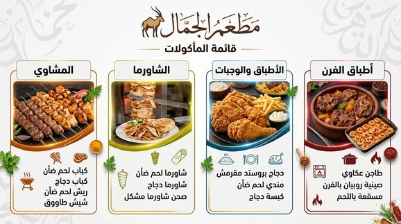 منيو مطعم الجمل الذي يشمل المشويات والشاورما والأطباق المتنوعة وأطباق الفرن.