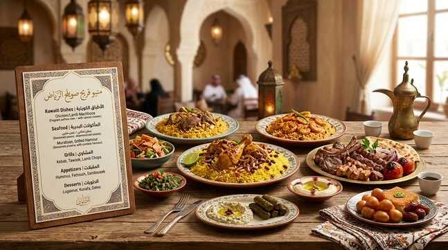 صورة توضيحية لمنيو فريج صويلح الرياض وأبرز أقسام الأطباق الكويتية والخليجية. مطعم فريج صويلح الرياض
