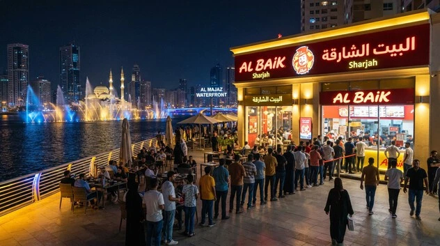 Al Baik Sharjah Al Majaz Waterfront branch with outdoor seating and lake view