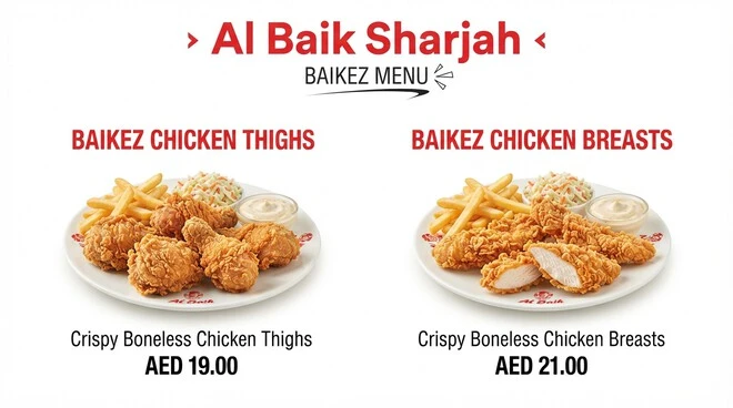 Al Baik Sharjah boneless Baikeez chicken thighs and breasts with prices