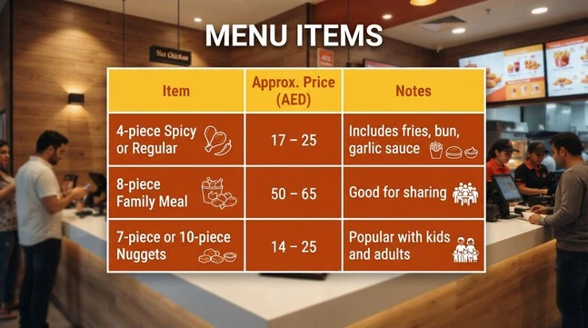 Al Baik Sharjah chicken meals with current prices including 4-piece and nuggets