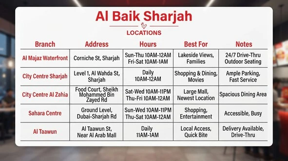 Complete list of all Al Baik Sharjah branches with addresses and opening hours