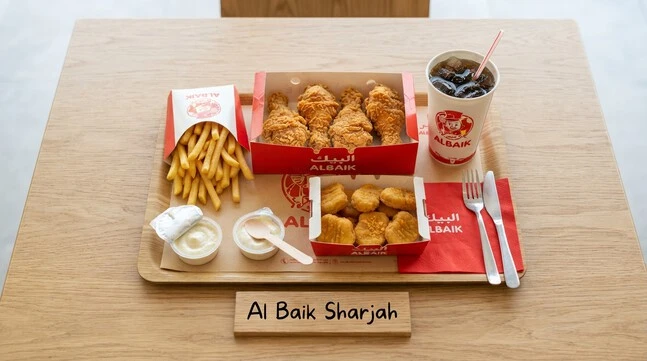 Al Baik Sharjah full meal with chicken, nuggets, fries and garlic sauce