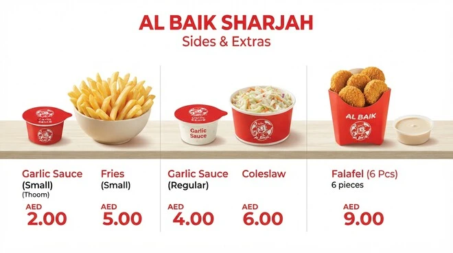 Al Baik Sharjah fries, garlic sauce, coleslaw and falafel prices