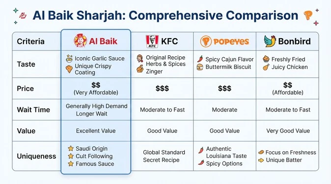 Side by side comparison of Al Baik Sharjah with KFC, Popeyes and Bonbird