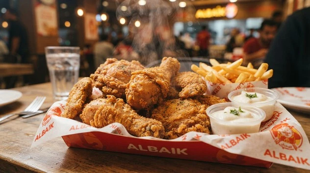 Classic 8-piece Albaik Dammam chicken meal with fries and garlic sauce.