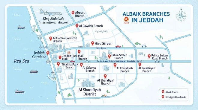 Main Albaik Jeddah locations including airport, Hira Street and Corniche branches.