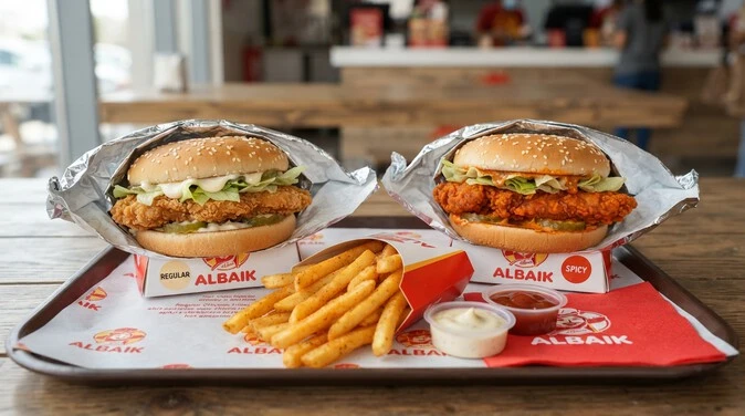 Regular and spicy chicken fillet sandwiches from the Albaik Dammam menu.
