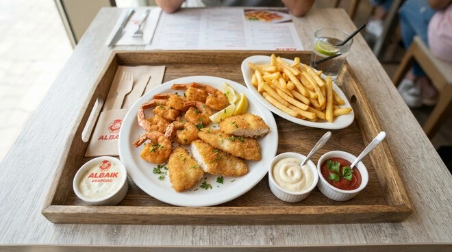Popular Albaik Jeddah seafood options including jumbo shrimp meal and fish fillet.