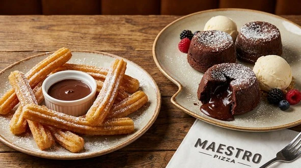 Sweet treats including Churros and Lava desserts from the Maestro Pizza menu.