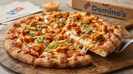 Delicious Domino’s Chicken Dynamite and other chicken pizzas from the Saudi Arabia menu with Dynamite sauce and crunchy toppings.