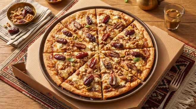 Special Domino’s Dates Pizza available in Saudi Arabia made with date sauce, cheese and cinnamon – a unique local favorite.