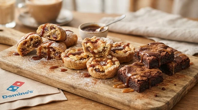 Sweet Domino’s desserts in Saudi Arabia featuring Dates Bites, Dates Cheese Bites and chocolate Crownies.