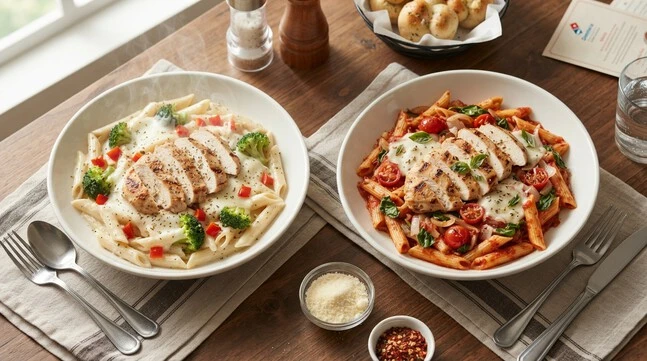 Creamy Alfredo Chicken Pasta and Marinara Chicken Pasta from Domino’s Saudi Arabia menu – perfect non-pizza options.