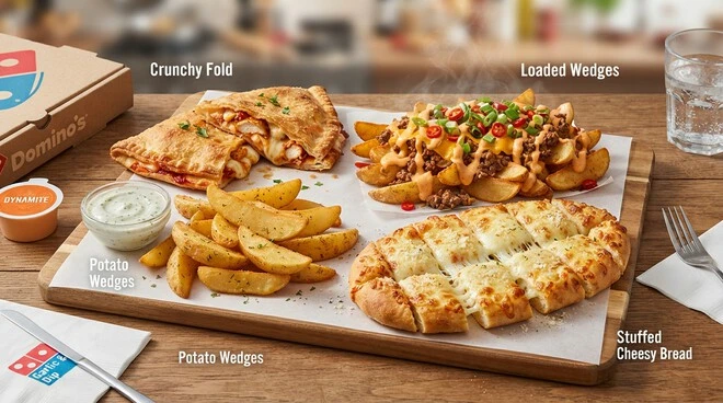 Tasty Domino’s sides in Saudi Arabia including Crunchy Fold, Loaded Wedges, Potato Wedges and Stuffed Cheesy Bread.