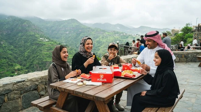Locals and tourists enjoying Albaik Abha meals in the cool mountain city