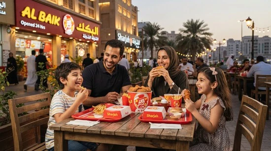 Family enjoying Al Baik Sharjah meal at outdoor seating area