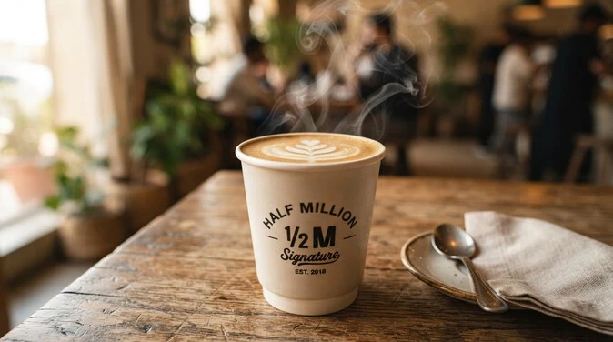 A hot 1/2M Signature coffee from Half Million served in the official branded cup.