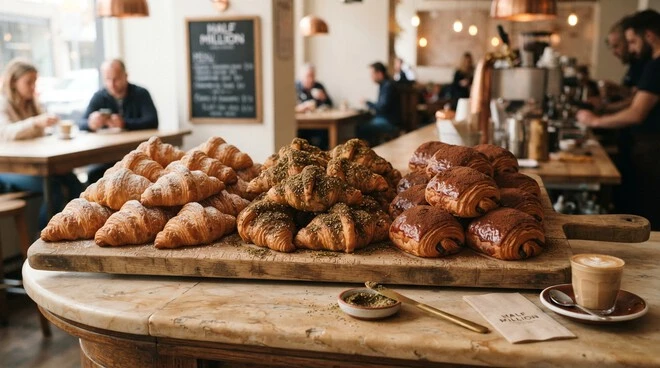 Freshly baked croissants available at Half Million including plain, zaatar and chocolate options.