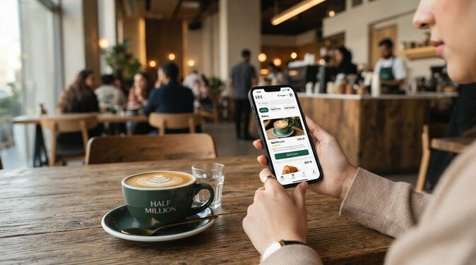 Ordering coffee easily through the official Half Million mobile app for faster pickup.