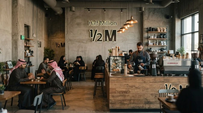 Modern industrial interior of a Half Million coffee shop with customers and baristas.