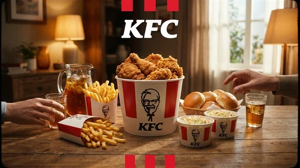 Large family Loaded Bucket from the KFC Madinah menu with chicken, fries, coleslaw and drinks.