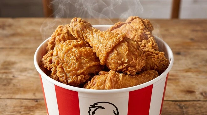 Crispy fried chicken pieces served in the signature red bucket from the KFC Madinah menu.
