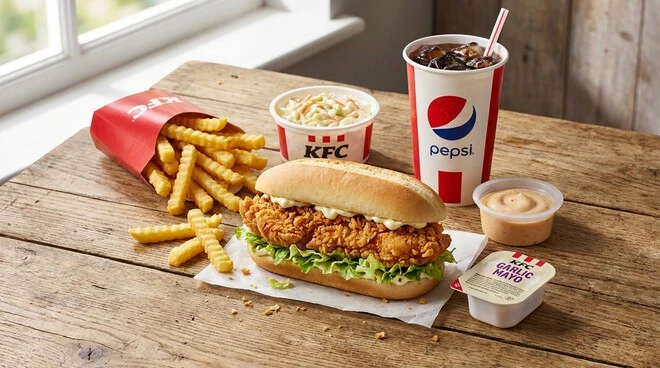 Zinger Combo meal from the KFC Madinah menu served with fries, coleslaw and a soft drink.