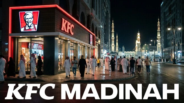 KFC Madinah restaurant exterior at night showing the famous red branding in Madinah, Saudi Arabia.