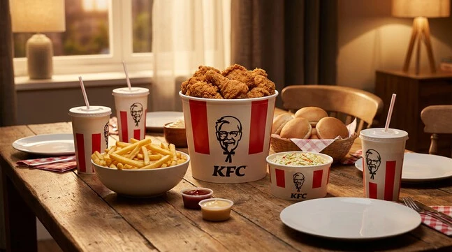 Large family Loaded Bucket from the KFC Makkah menu with chicken, fries, coleslaw and drinks.