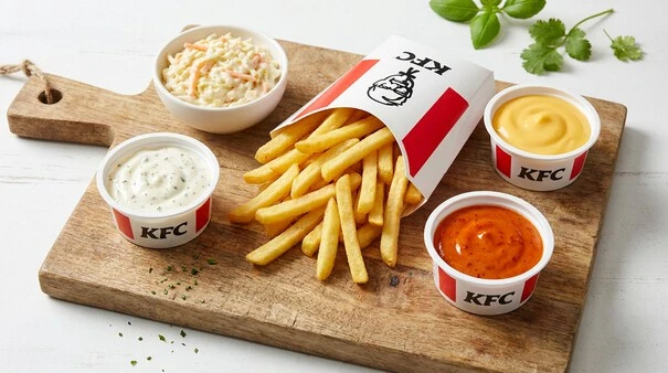 Popular sides and dips from the KFC Makkah menu including fries, coleslaw and signature sauces.