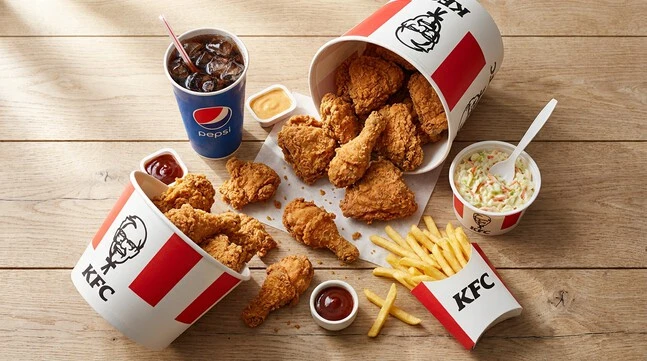 Delicious complete KFC meal available at KFC Riyadh branches including original recipe chicken, fries and coleslaw.