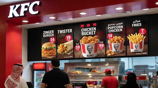 Updated KFC Riyadh menu board displaying popular meals and current prices in Saudi Riyals.