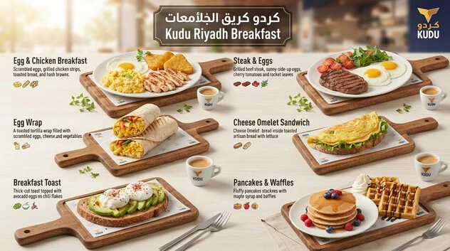 Kudu Riyadh breakfast menu featuring egg wraps, omelets, chicken and eggs, steak and eggs, pancakes and waffles.