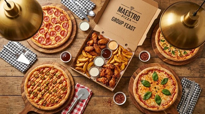A complete look at the Maestro Pizza menu featuring popular pizzas, sides, and combos.