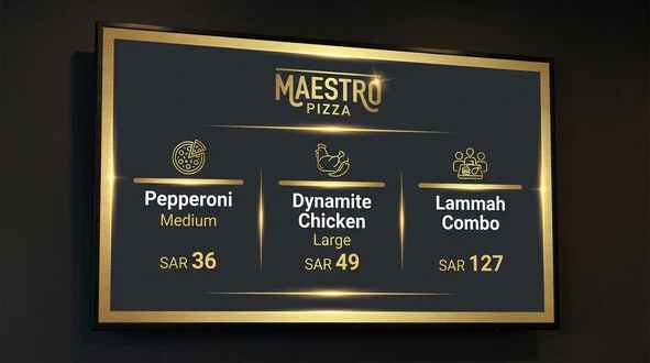 Visual representation of the Maestro Pizza menu with popular items and prices.