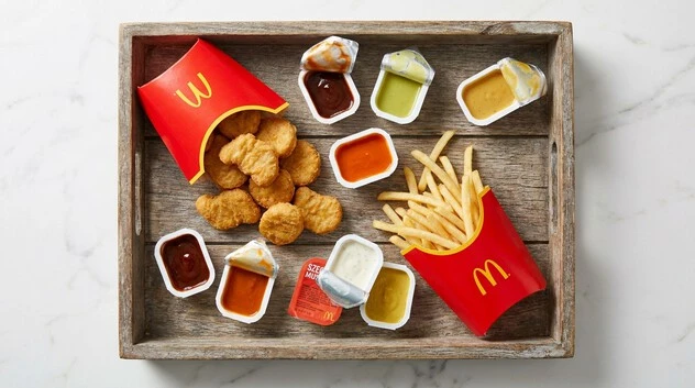 Chicken McNuggets from the McDonald’s Makkah menu served with dipping sauces and fries.
