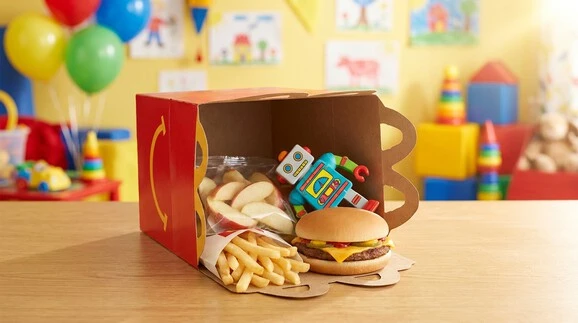 McDonald’s Happy Meal from the Makkah menu including burger, fries, fruit side and current toy.
