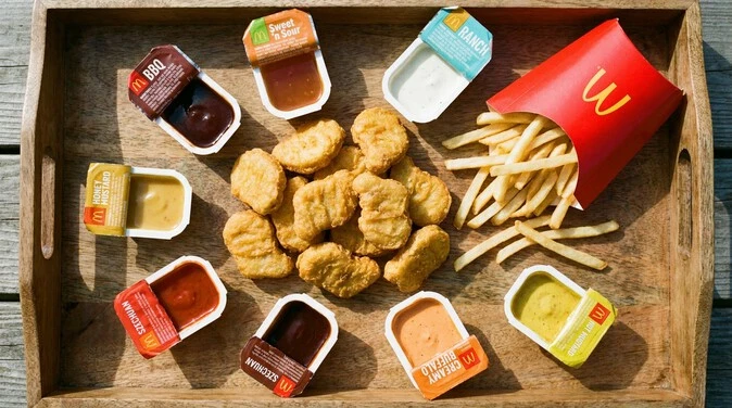 Chicken McNuggets from the McDonald’s Riyadh menu served with dipping sauces and World Famous Fries.