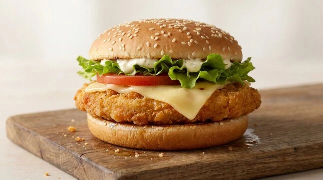 Crispy Grand Chicken Special sandwich featured on the McDonald’s Riyadh menu with fresh toppings and Emmental cheese.