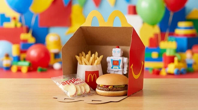 McDonald’s Happy Meal from the Riyadh menu including burger, fries, fruit side and current promotional toy.