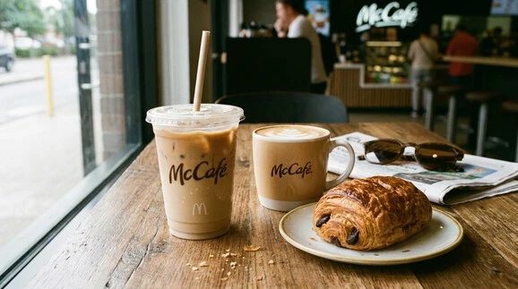 McCafé hot and cold drinks with a chocolate croissant from the McDonald’s Riyadh menu.