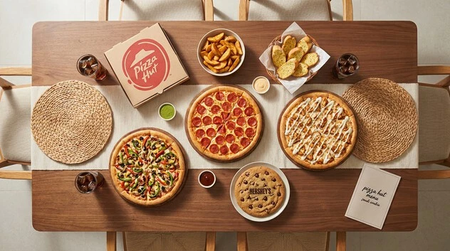 Complete pizza hut menu saudi arabia showing popular pizzas, My Box, sides and desserts in one appetizing shot.