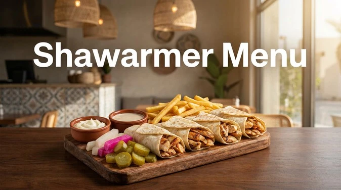 Shawarmer Menu featuring chicken shawarma, saj bread, fries, pickles, and sauces.